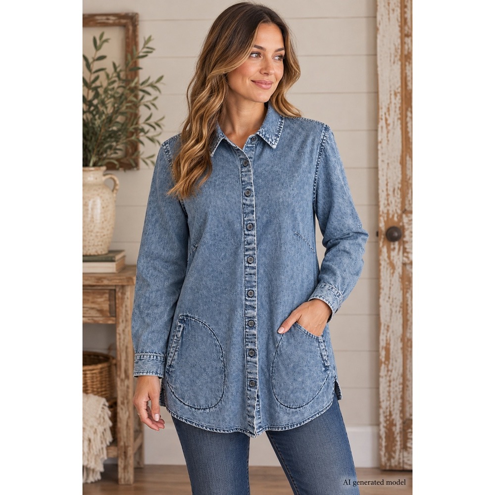 Joan Rivers Womens Large Blue Denim Button Down Shirt Long Sleeve Pocket Shacket
